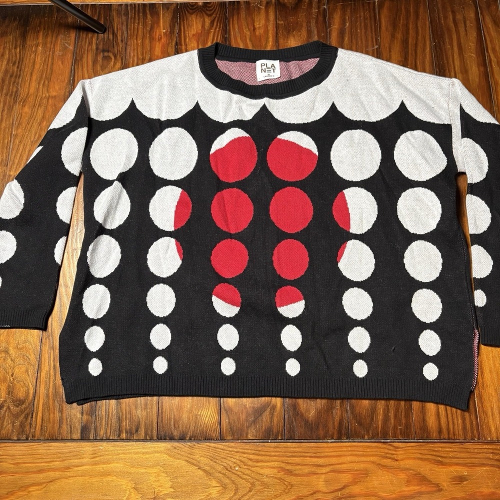 Planet By Lauren G Black White Red bold Polka Dot Spot Sweater One Size A3113